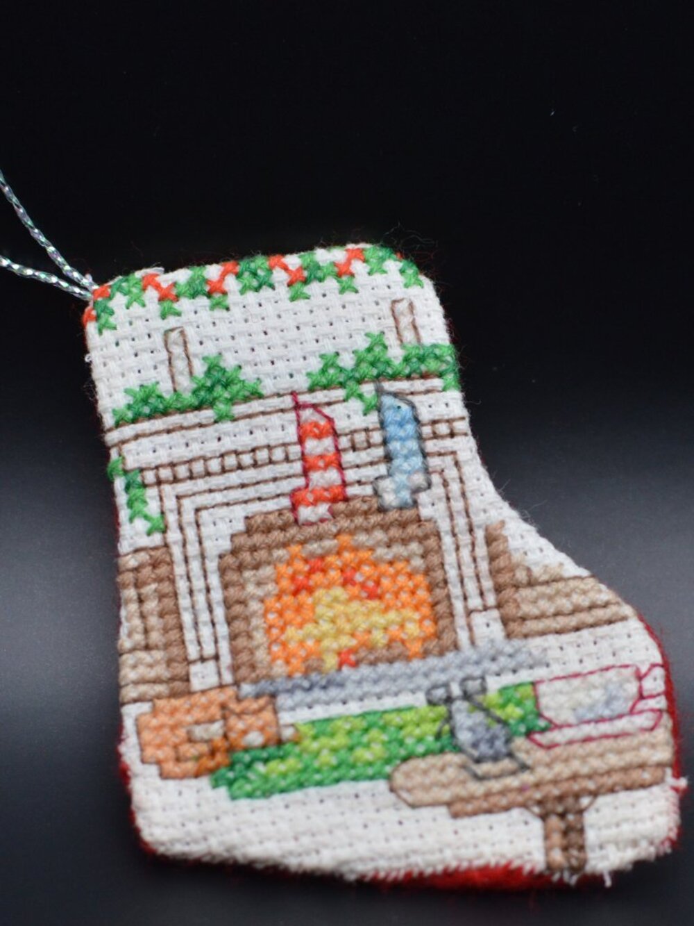 Cross Stitch Homemade Stocking Ornament - Fireplace